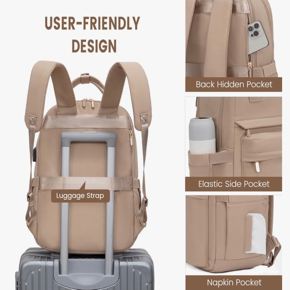 Laptop Backpack for Women 15.6 Inch Laptop Bag with USB Port - Beige - Picture 8 of 11